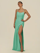 KissDress-Unity Turquoise Sheath Spaghetti Straps Chiffon Ruched Long Bridesmaid Dress