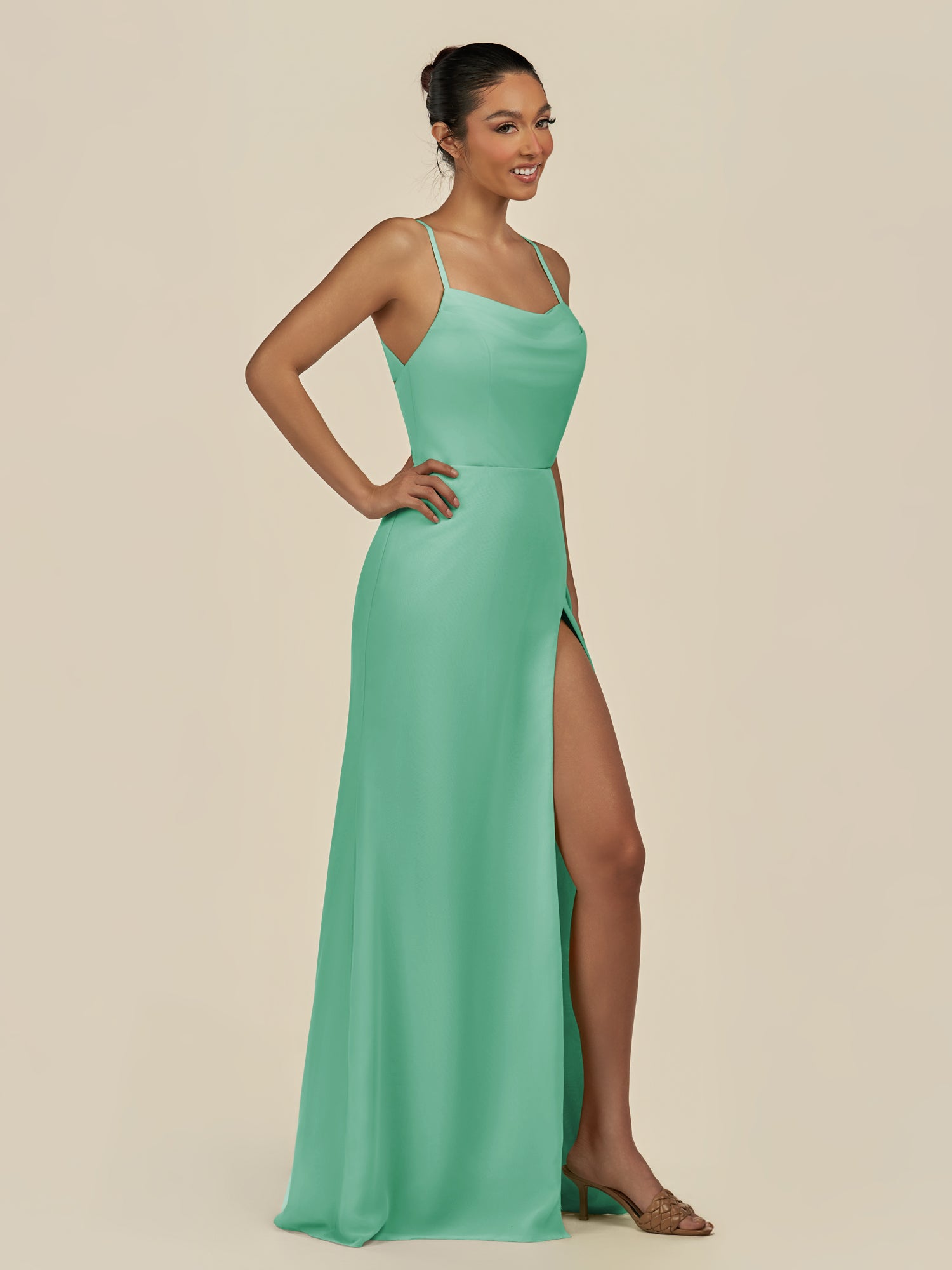 KissDress-Unity Turquoise Sheath Spaghetti Straps Chiffon Ruched Long Bridesmaid Dress