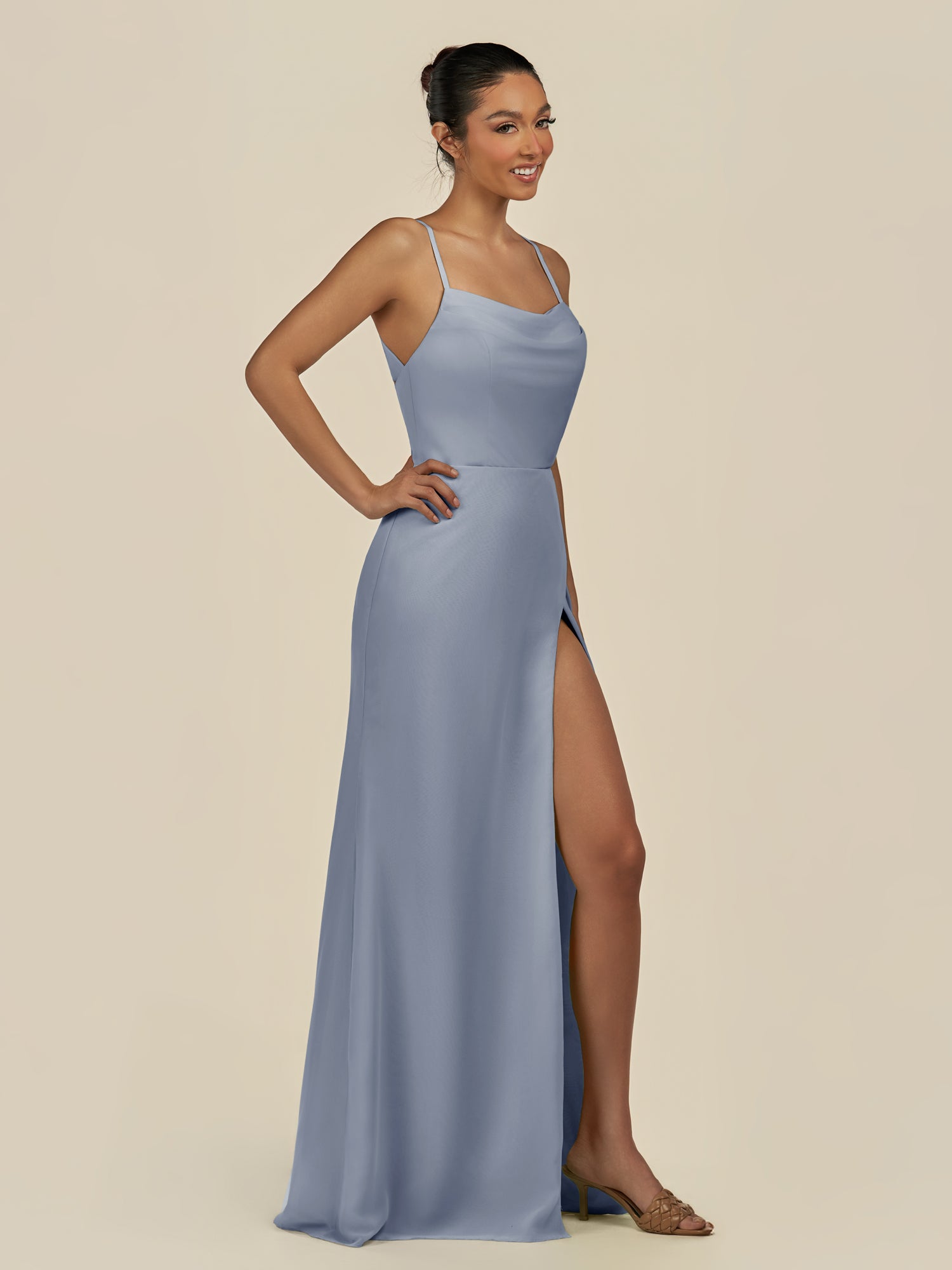 KissDress-Unity Twilight Sheath Spaghetti Straps Chiffon Ruched Long Bridesmaid Dress