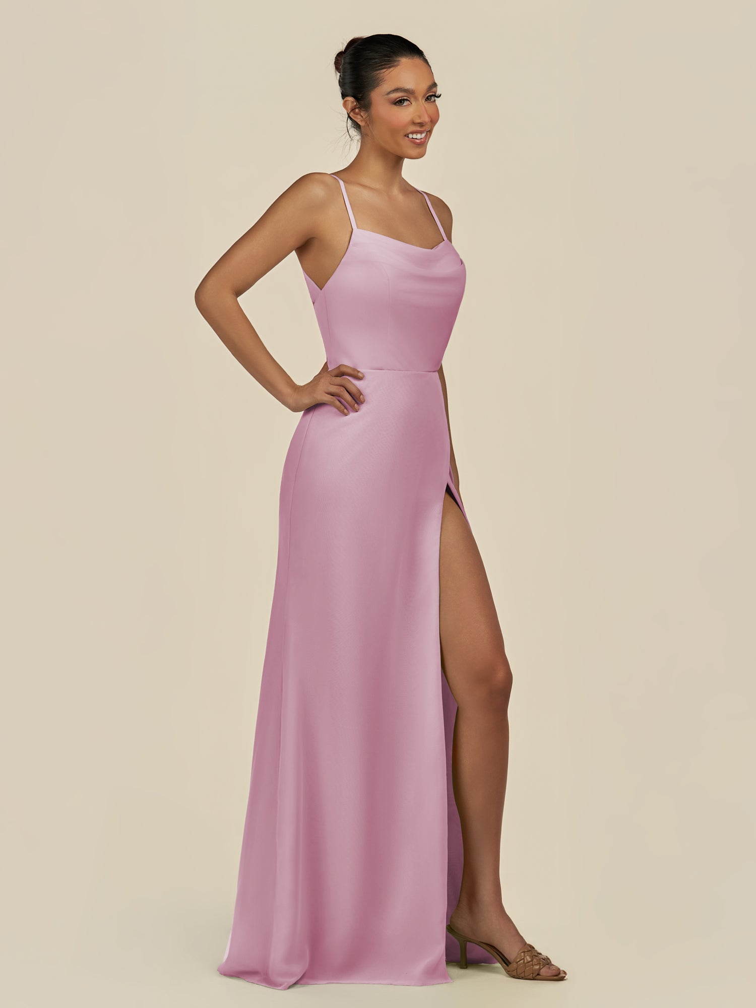 KissDress-Unity Vintage Mauve Sheath Spaghetti Straps Chiffon Ruched Long Bridesmaid Dress