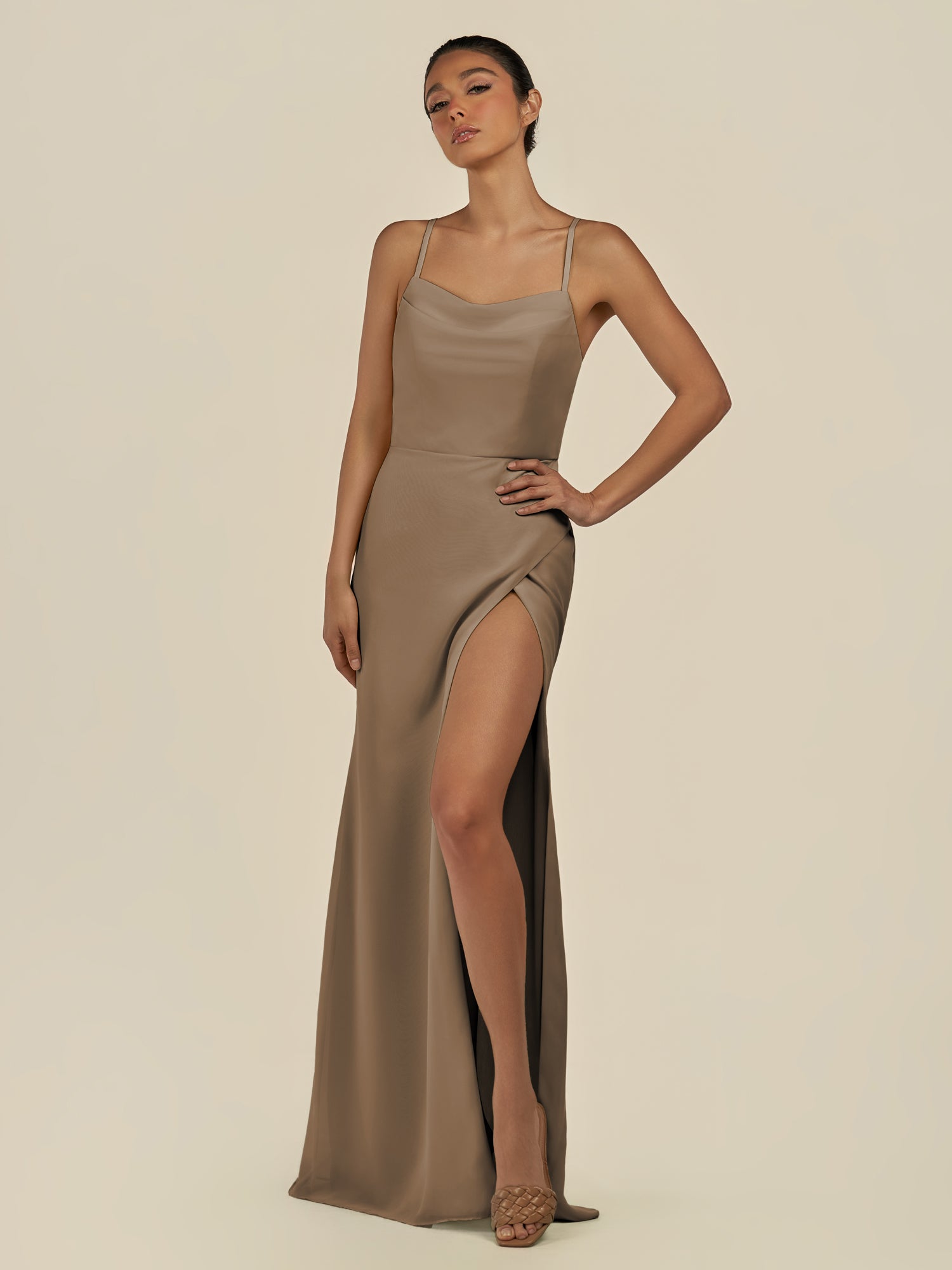 KissDress-Unity Willow Green Sheath Spaghetti Straps Chiffon Ruched Long Bridesmaid Dress
