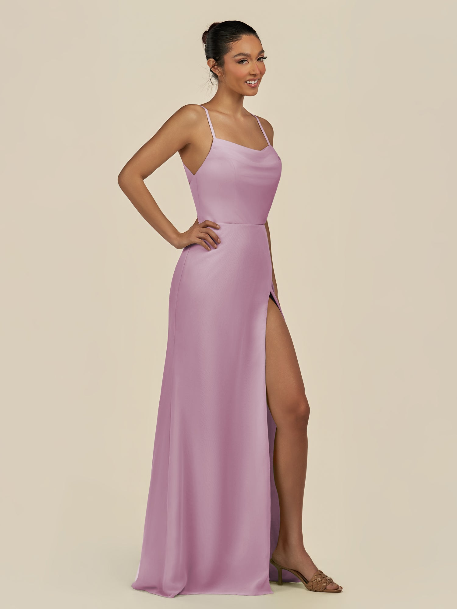 KissDress-Unity Wisteria Sheath Spaghetti Straps Chiffon Ruched Long Bridesmaid Dress