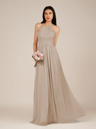 KissDress-Ursa Almond A Line Chiffon Halter Neck Long Bridesmaid Dress with Pleats