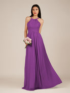 KissDress-Ursa Amethyst A Line Chiffon Halter Neck Long Bridesmaid Dress with Pleats