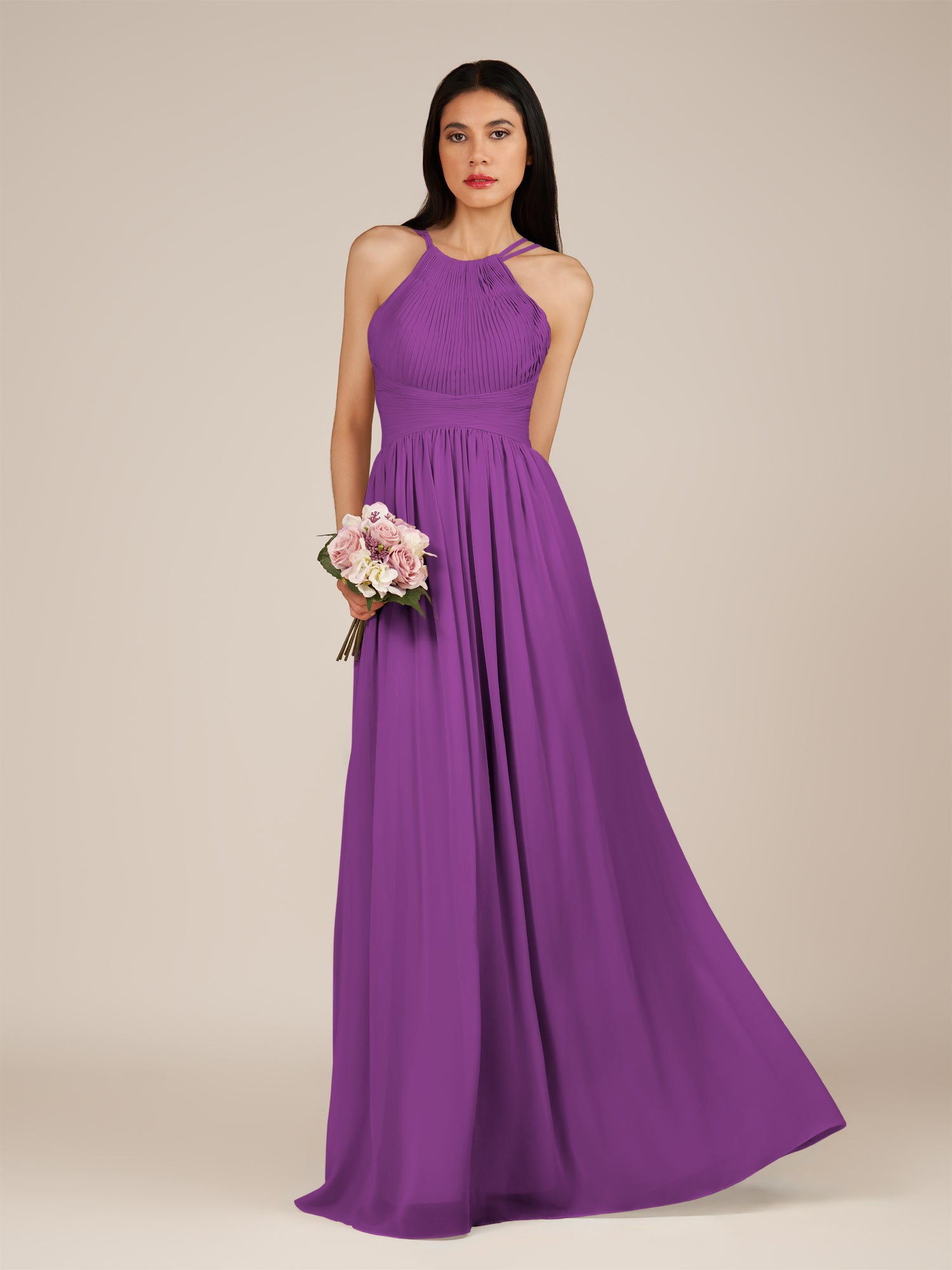 KissDress-Ursa Amethyst A Line Chiffon Halter Neck Long Bridesmaid Dress with Pleats