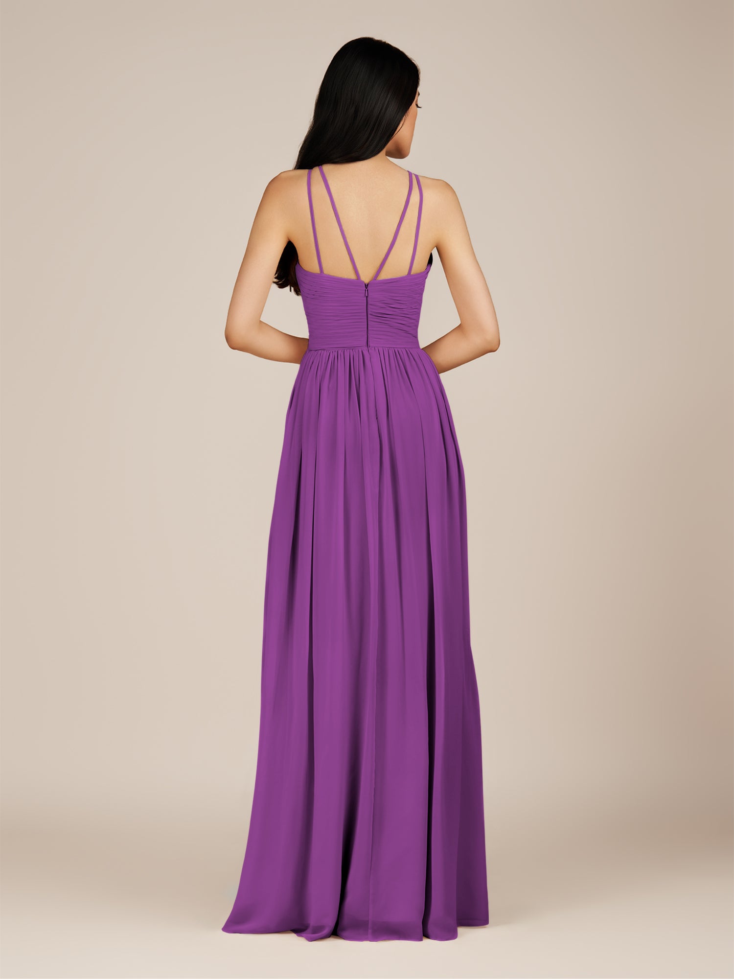 KissDress-Ursa Amethyst A Line Chiffon Halter Neck Long Bridesmaid Dress with Pleats