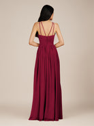 KissDress-Ursa Berry A Line Chiffon Halter Neck Long Bridesmaid Dress with Pleats