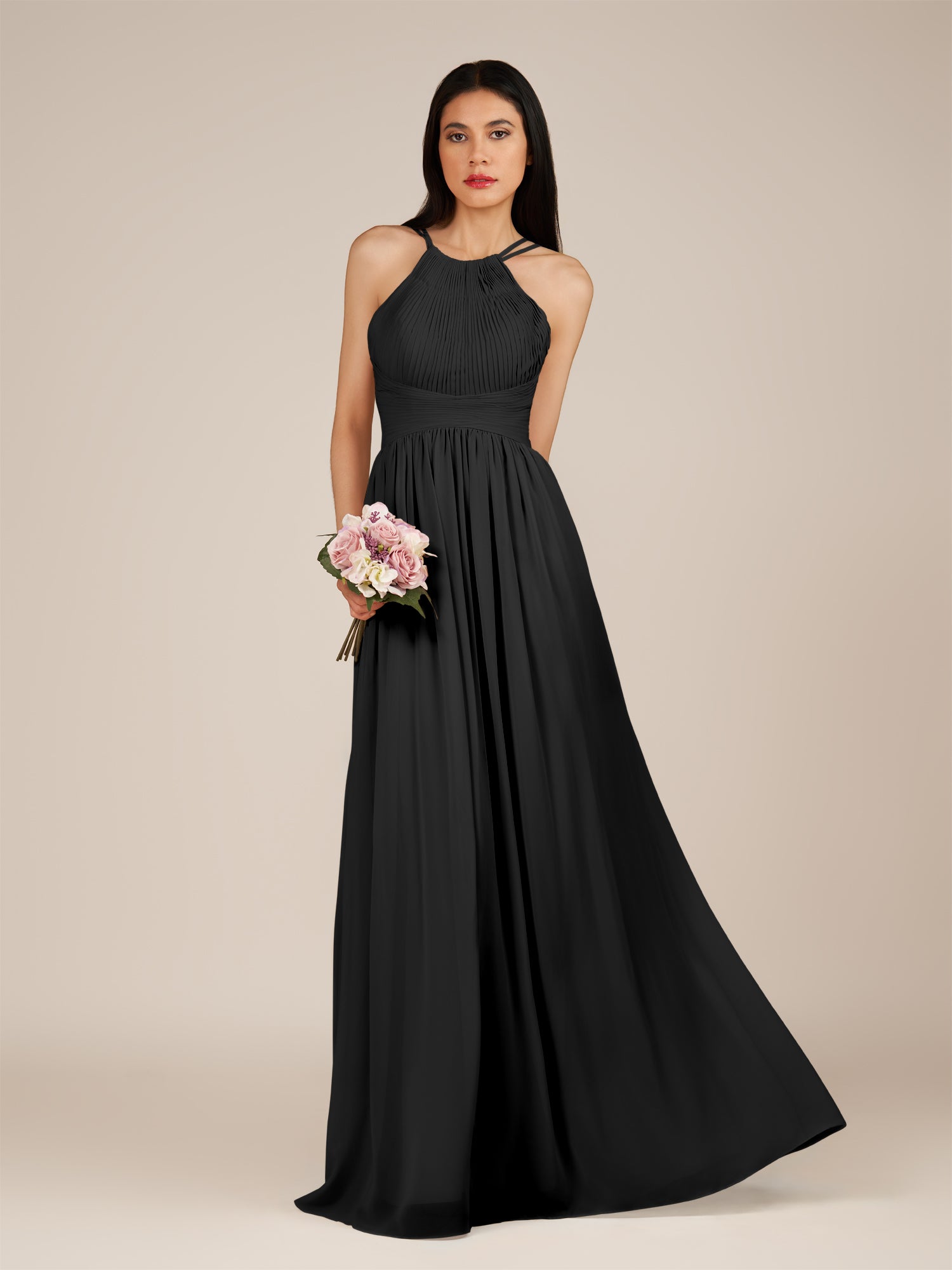 KissDress-Ursa Black A Line Chiffon Halter Neck Long Bridesmaid Dress with Pleats