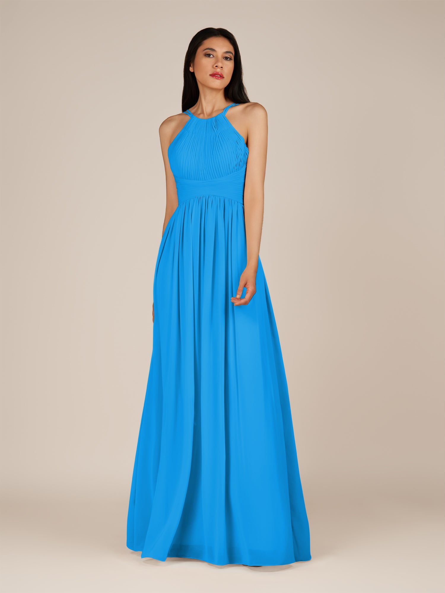 KissDress-Ursa Blue Jay A Line Chiffon Halter Neck Long Bridesmaid Dress with Pleats