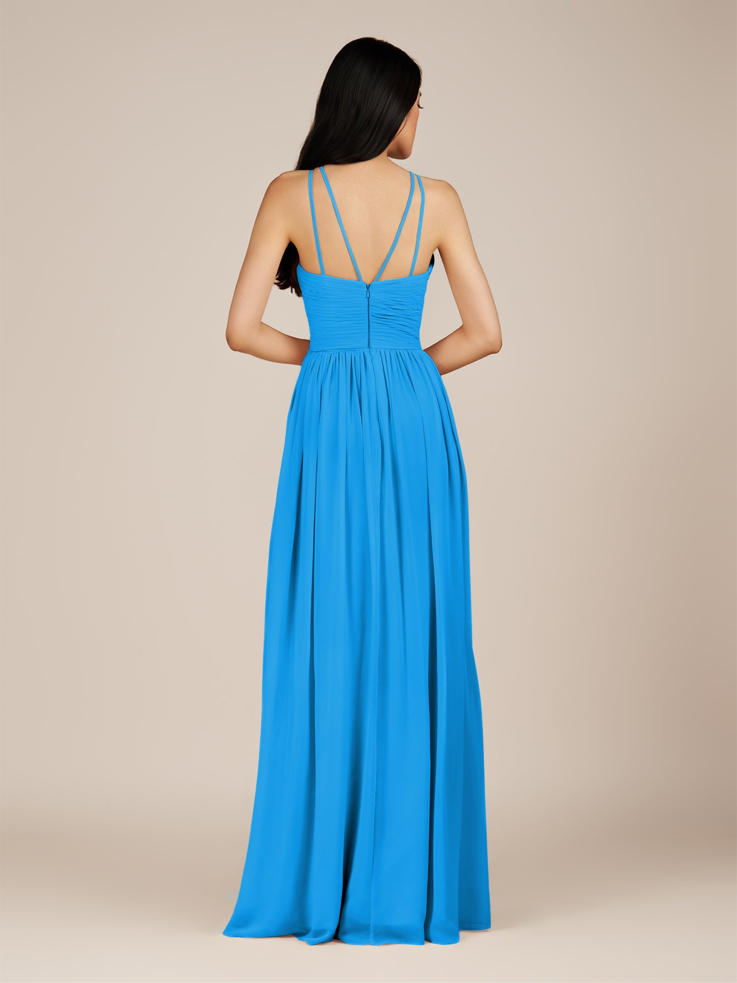 KissDress-Ursa Blue Jay A Line Chiffon Halter Neck Long Bridesmaid Dress with Pleats