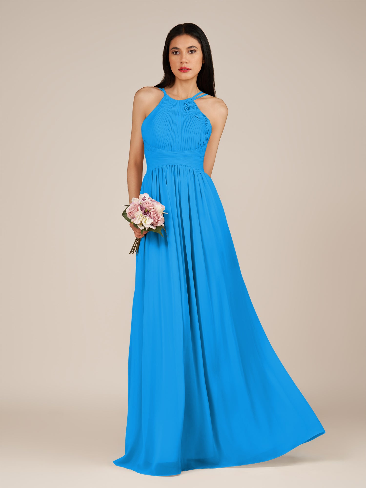 KissDress-Ursa Blue Jay A Line Chiffon Halter Neck Long Bridesmaid Dress with Pleats
