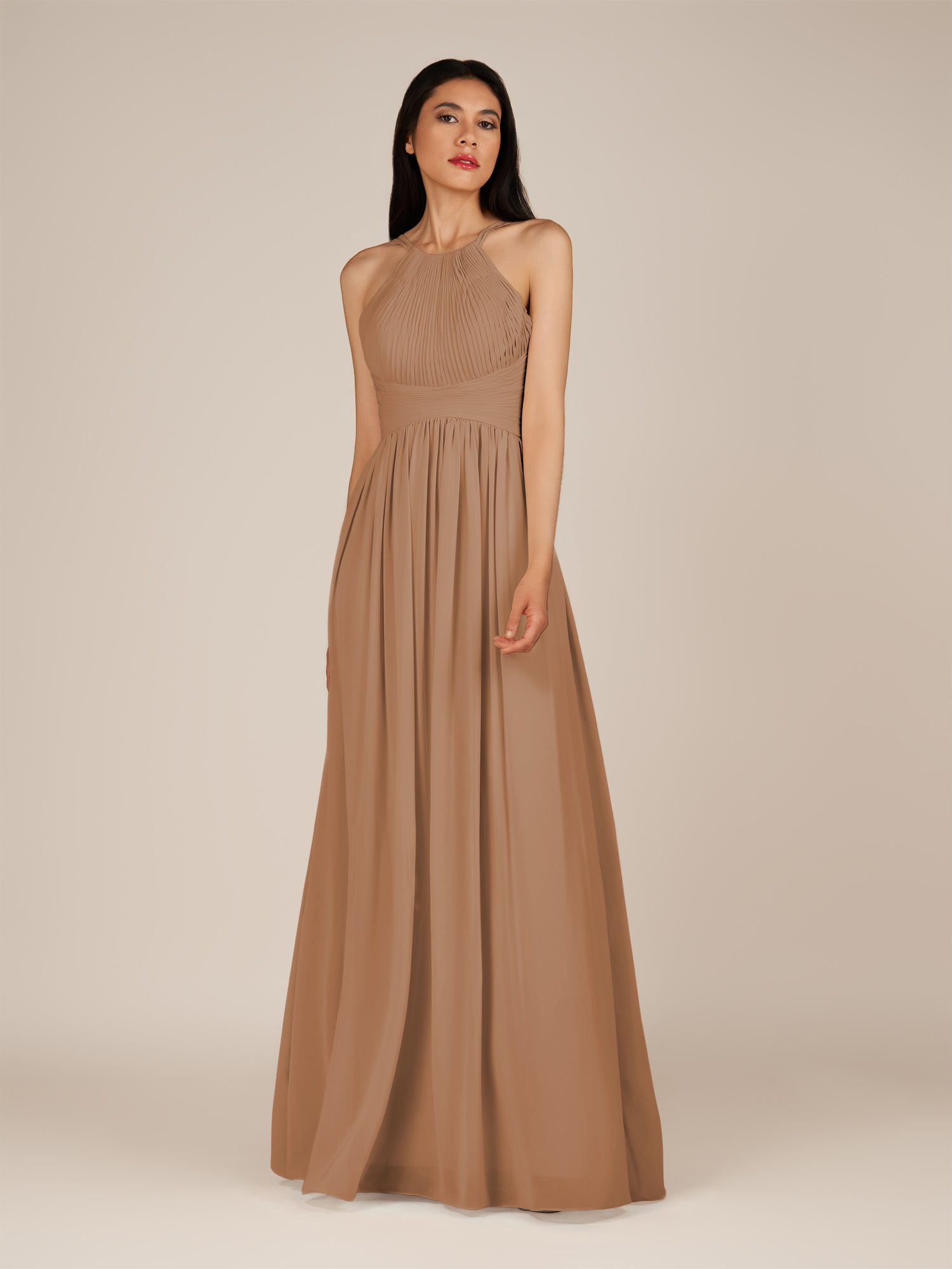 KissDress-Ursa Bronzer A Line Chiffon Halter Neck Long Bridesmaid Dress with Pleats