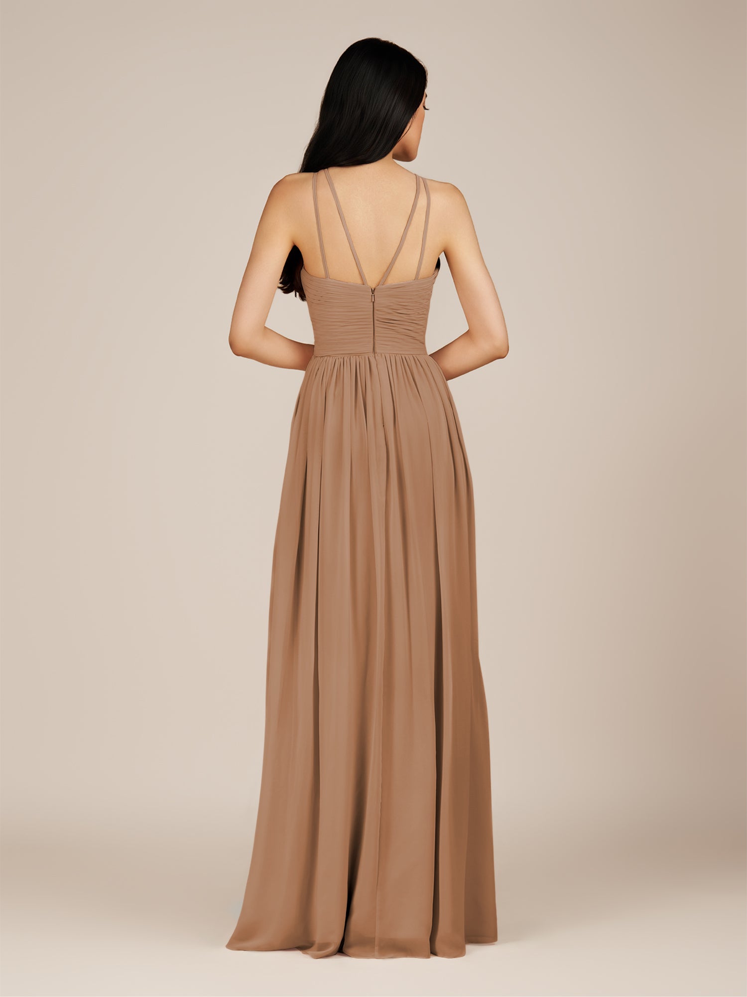 KissDress-Ursa Bronzer A Line Chiffon Halter Neck Long Bridesmaid Dress with Pleats