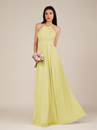 KissDress-Ursa Buttercup A Line Chiffon Halter Neck Long Bridesmaid Dress with Pleats
