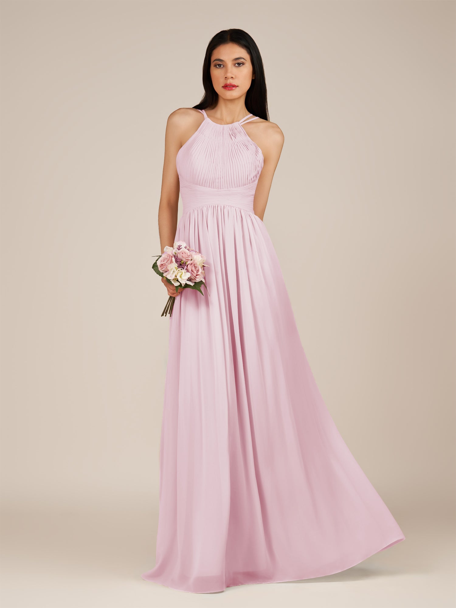 KissDress-Ursa Candy Pink A Line Chiffon Halter Neck Long Bridesmaid Dress with Pleats