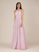 KissDress-Ursa Candy Pink A Line Chiffon Halter Neck Long Bridesmaid Dress with Pleats