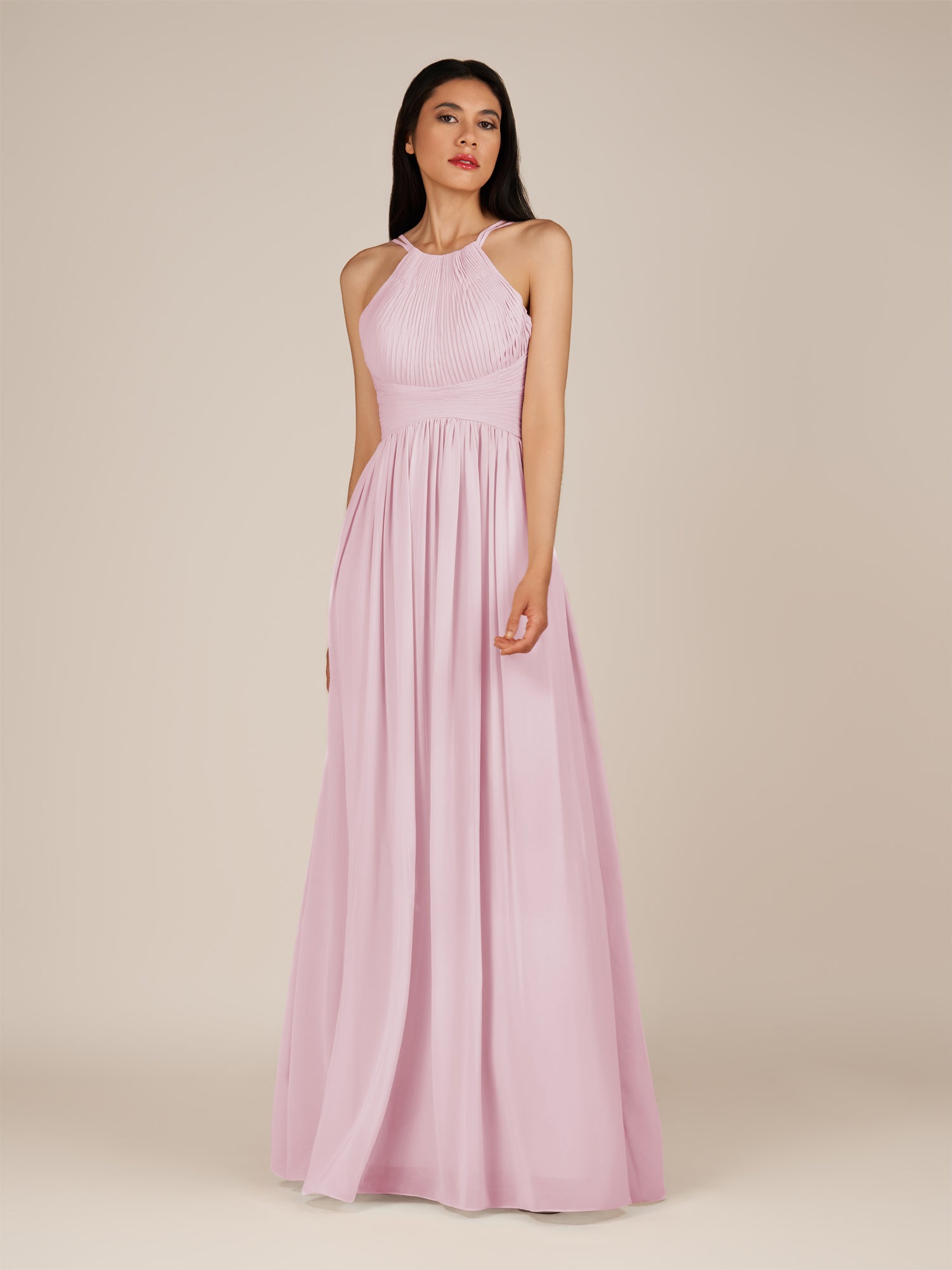 KissDress-Ursa Candy Pink A Line Chiffon Halter Neck Long Bridesmaid Dress with Pleats