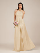 KissDress-Ursa Champagne A Line Chiffon Halter Neck Long Bridesmaid Dress with Pleats