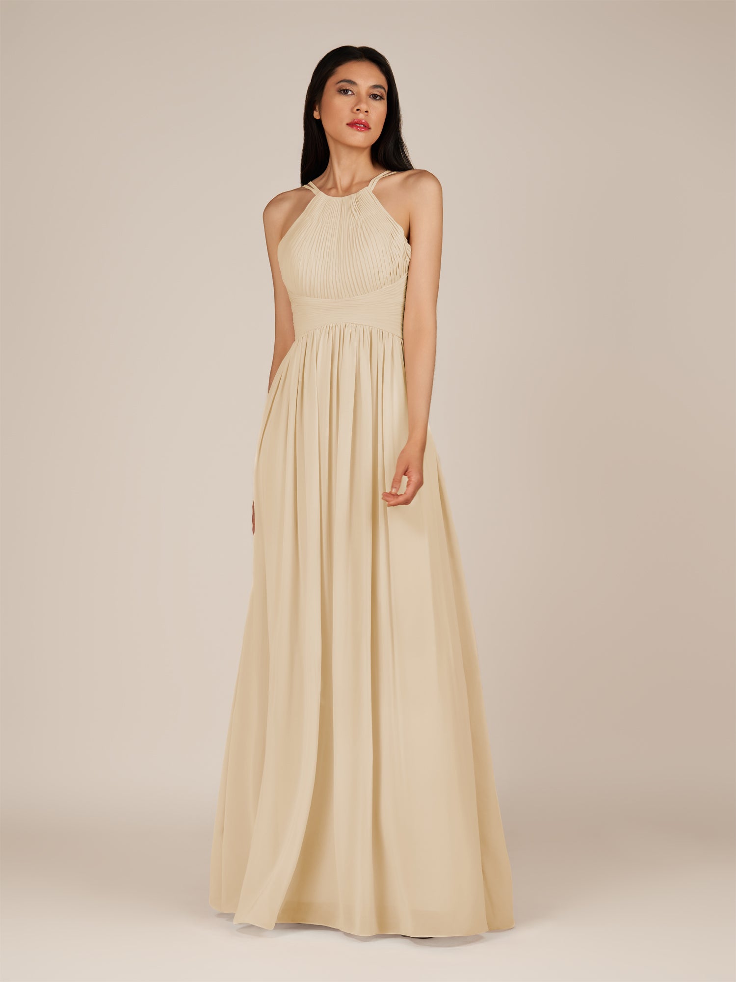 KissDress-Ursa Champagne A Line Chiffon Halter Neck Long Bridesmaid Dress with Pleats