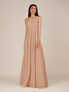 KissDress-Ursa Champagne Rose A Line Chiffon Halter Neck Long Bridesmaid Dress with Pleats