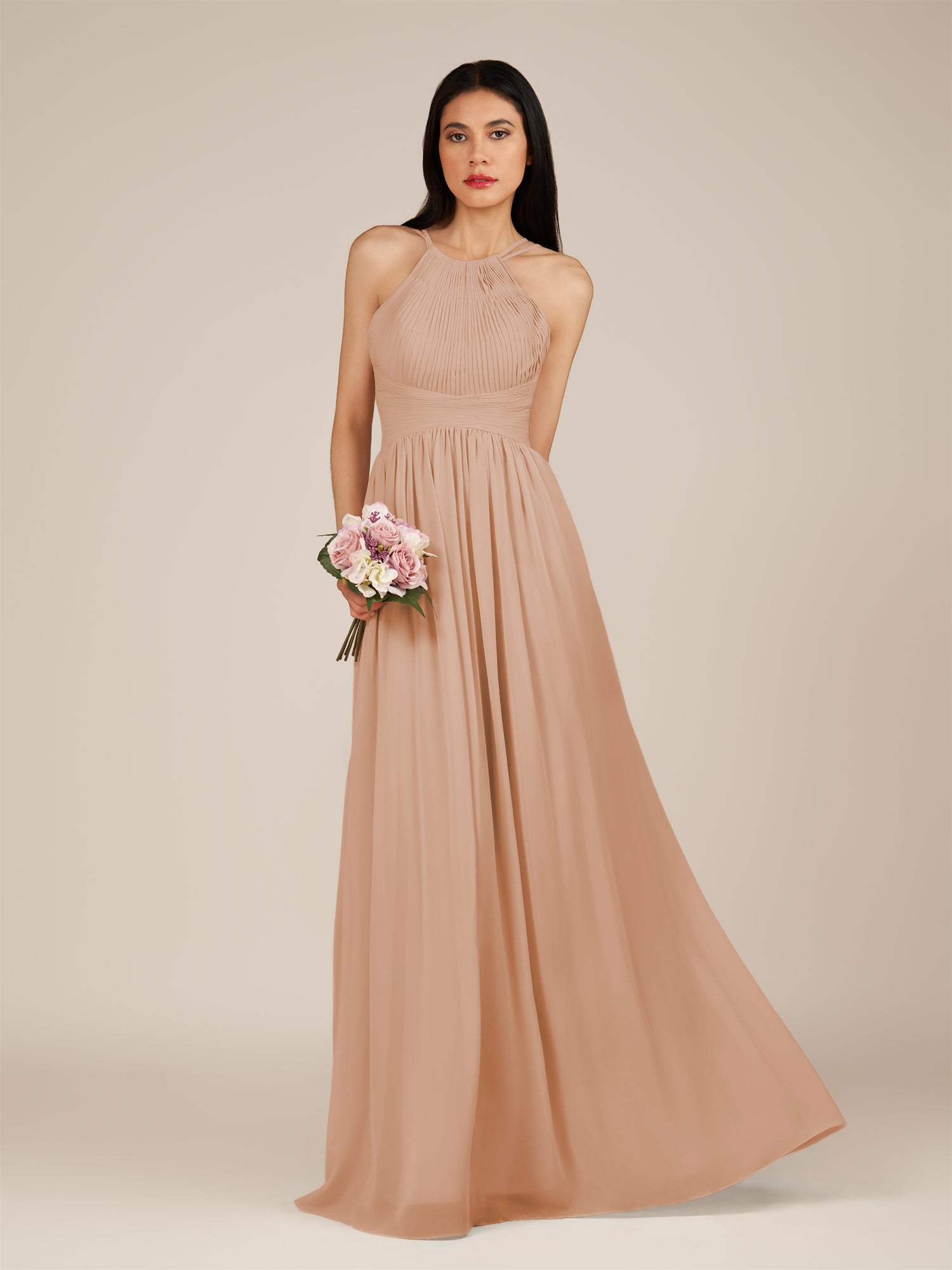 KissDress-Ursa Champagne Rose A Line Chiffon Halter Neck Long Bridesmaid Dress with Pleats