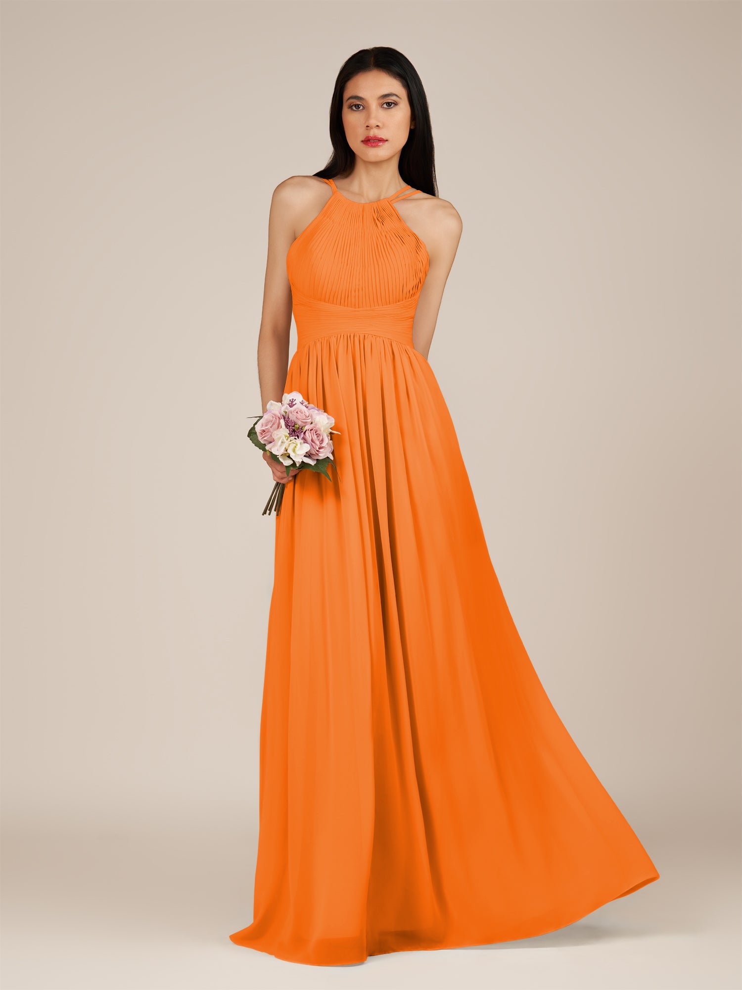 KissDress-Ursa Cinnamon A Line Chiffon Halter Neck Long Bridesmaid Dress with Pleats