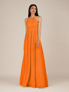 KissDress-Ursa Cinnamon A Line Chiffon Halter Neck Long Bridesmaid Dress with Pleats