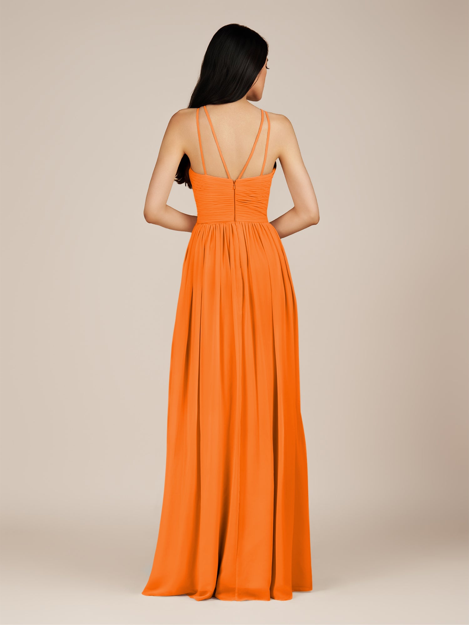 KissDress-Ursa Cinnamon A Line Chiffon Halter Neck Long Bridesmaid Dress with Pleats