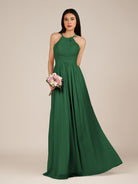 KissDress-Ursa Dark Green A Line Chiffon Halter Neck Long Bridesmaid Dress with Pleats