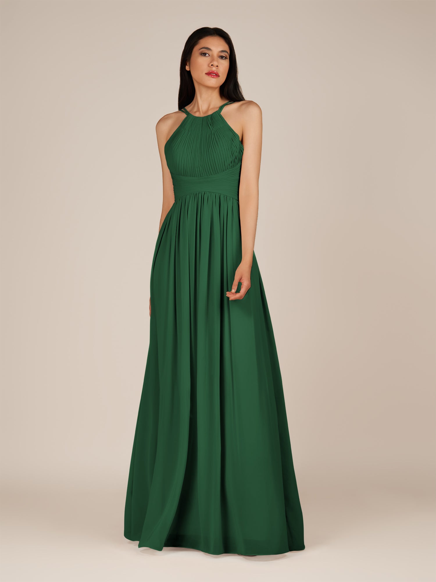 KissDress-Ursa Dark Green A Line Chiffon Halter Neck Long Bridesmaid Dress with Pleats