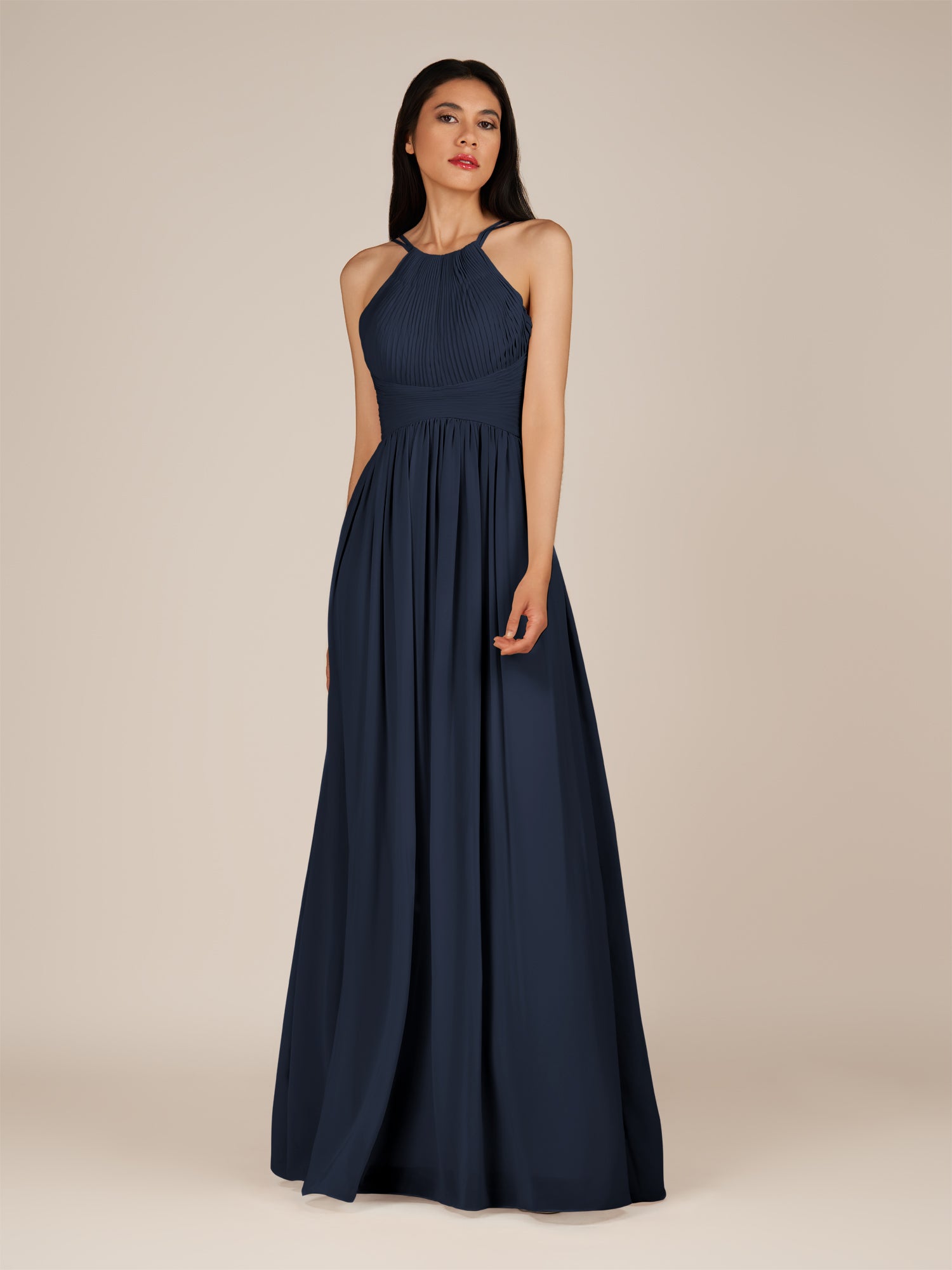 KissDress-Ursa Dark Navy A Line Chiffon Halter Neck Long Bridesmaid Dress with Pleats