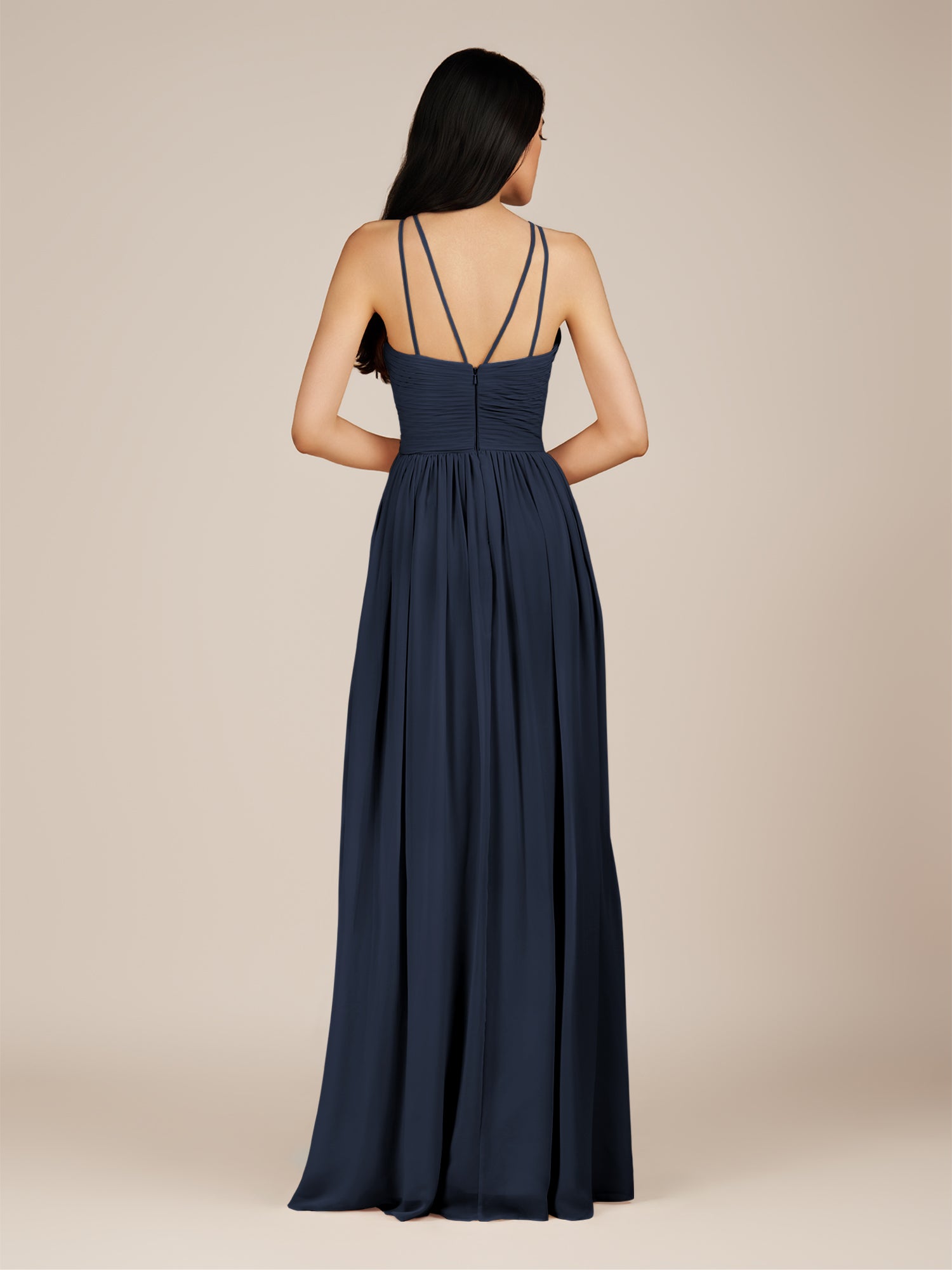 KissDress-Ursa Dark Navy A Line Chiffon Halter Neck Long Bridesmaid Dress with Pleats