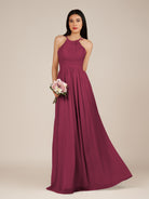 KissDress-Ursa Desert Rose A Line Chiffon Halter Neck Long Bridesmaid Dress with Pleats