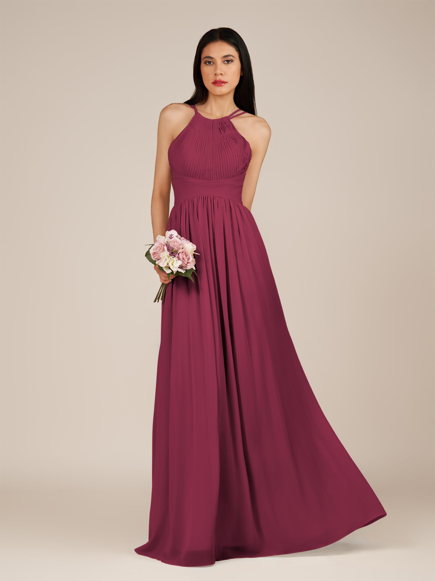 KissDress-Ursa Desert Rose A Line Chiffon Halter Neck Long Bridesmaid Dress with Pleats