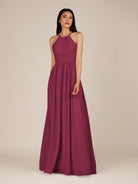 KissDress-Ursa Desert Rose A Line Chiffon Halter Neck Long Bridesmaid Dress with Pleats