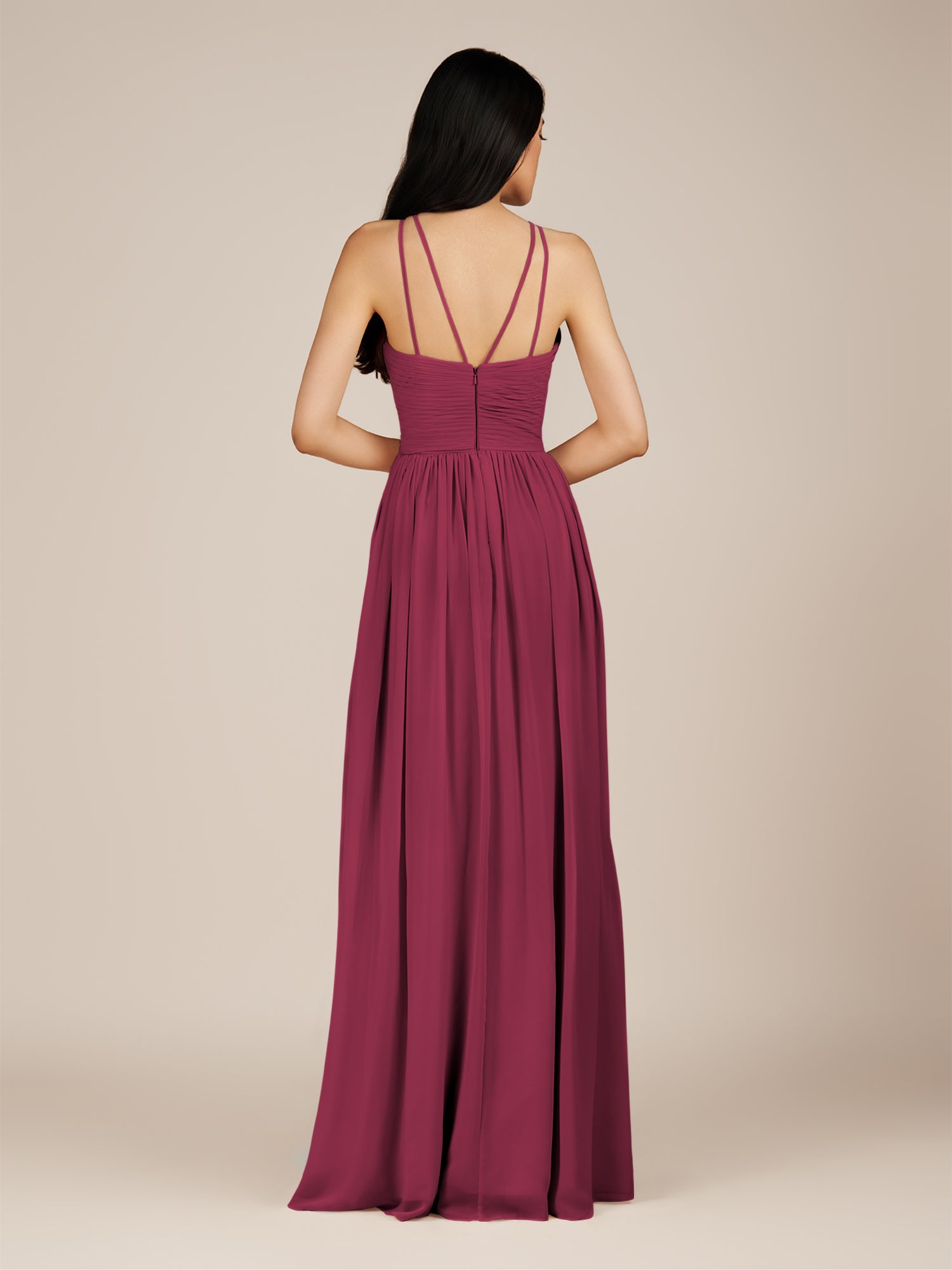 KissDress-Ursa Desert Rose A Line Chiffon Halter Neck Long Bridesmaid Dress with Pleats