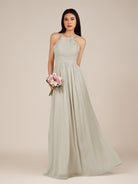 KissDress-Ursa Dove Gray A Line Chiffon Halter Neck Long Bridesmaid Dress with Pleats