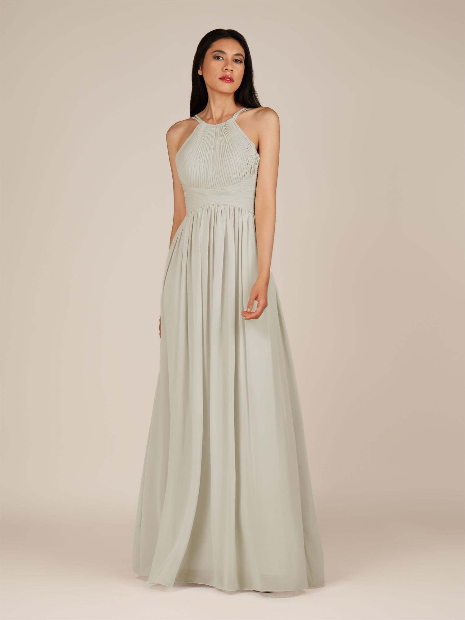 KissDress-Ursa Dove Gray A Line Chiffon Halter Neck Long Bridesmaid Dress with Pleats