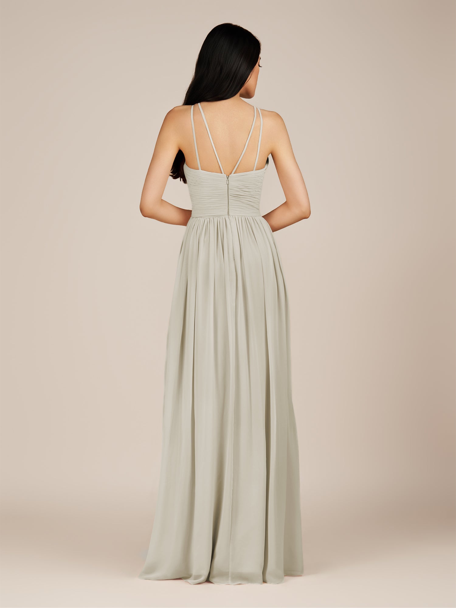 KissDress-Ursa Dove Gray A Line Chiffon Halter Neck Long Bridesmaid Dress with Pleats