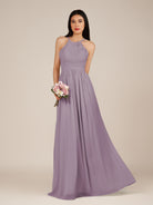 KissDress-Ursa Dusk A Line Chiffon Halter Neck Long Bridesmaid Dress with Pleats