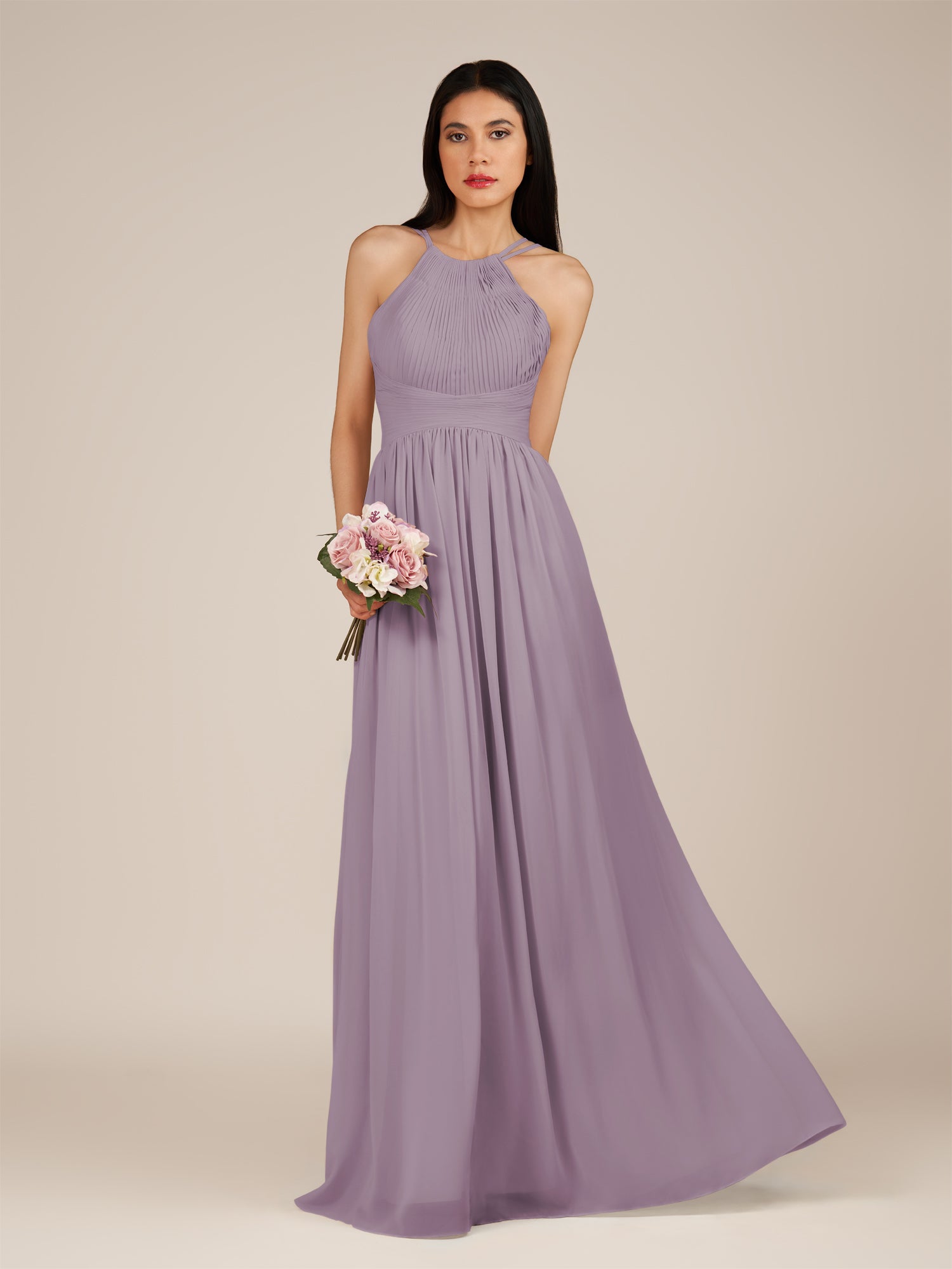 KissDress-Ursa Dusk A Line Chiffon Halter Neck Long Bridesmaid Dress with Pleats