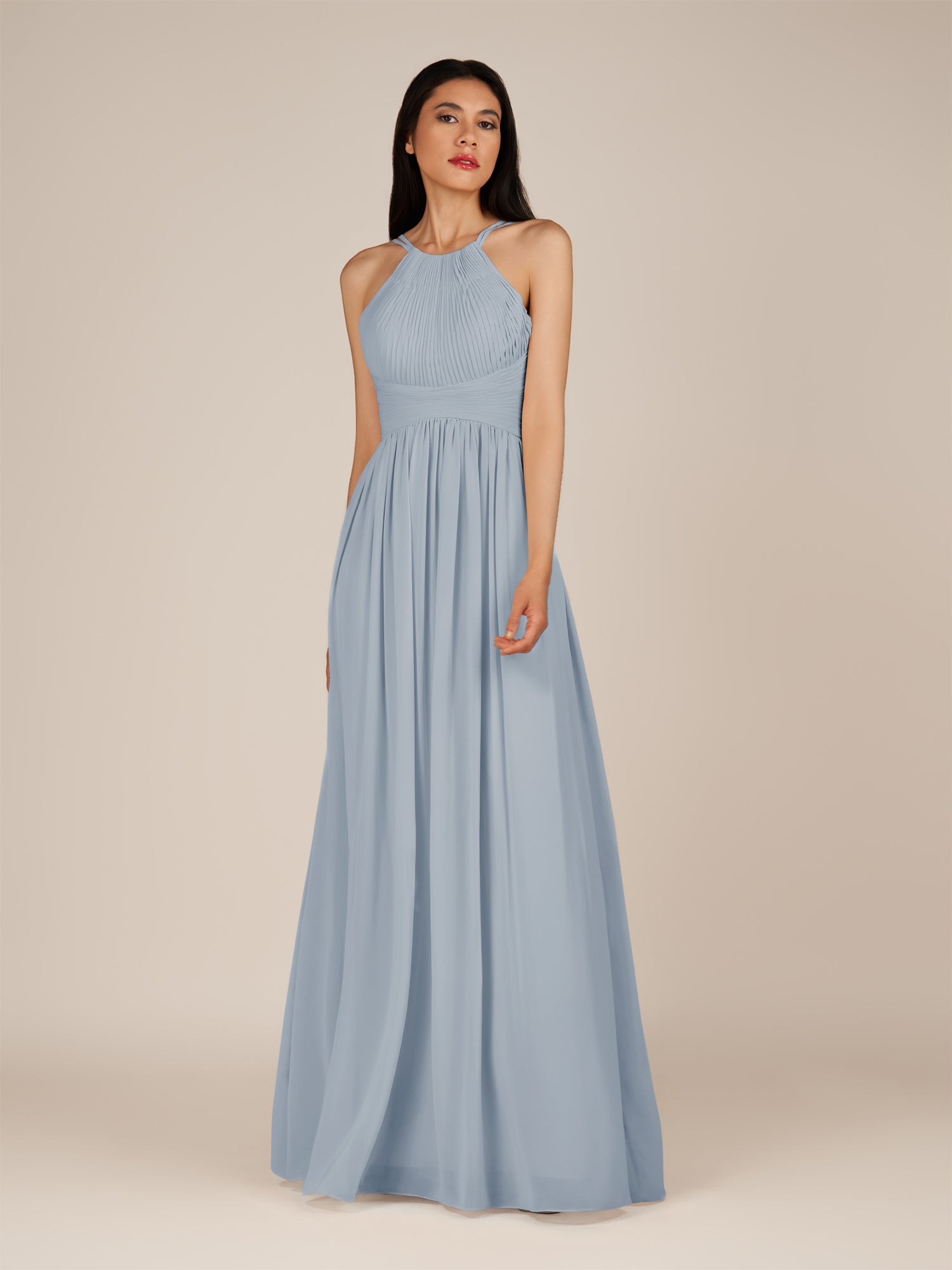 KissDress-Ursa Dusty Blue A Line Chiffon Halter Neck Long Bridesmaid Dress with Pleats