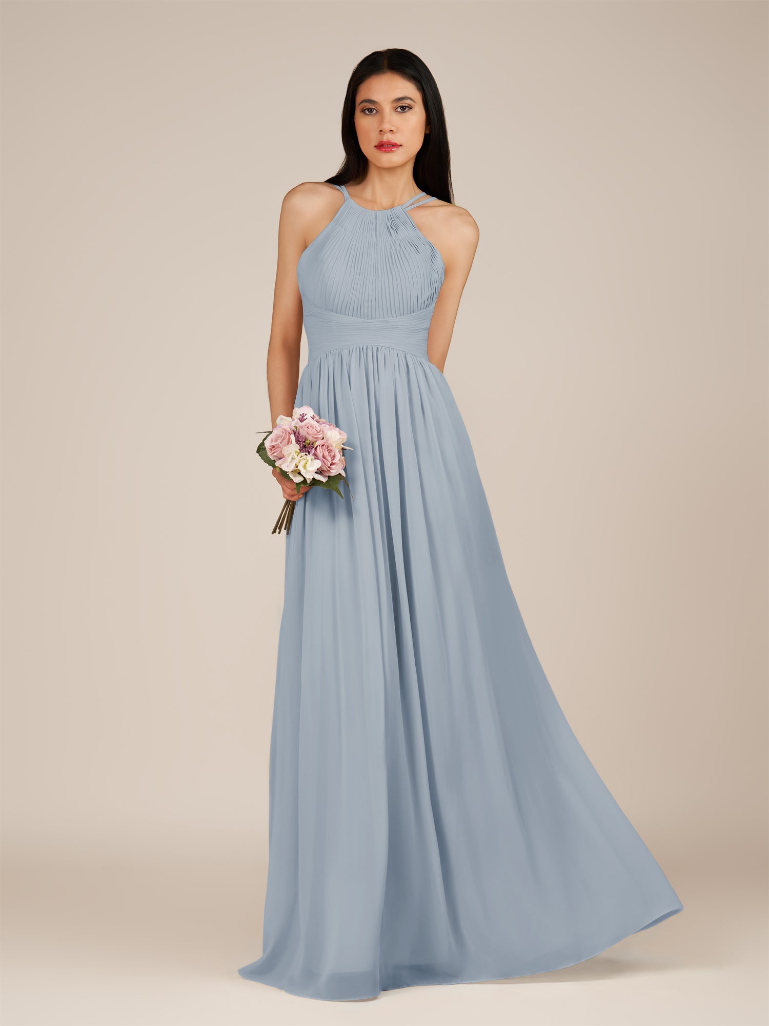 KissDress-Ursa Dusty Blue A Line Chiffon Halter Neck Long Bridesmaid Dress with Pleats