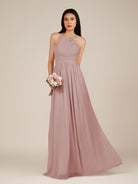 KissDress-Ursa Dusty Rose A Line Chiffon Halter Neck Long Bridesmaid Dress with Pleats