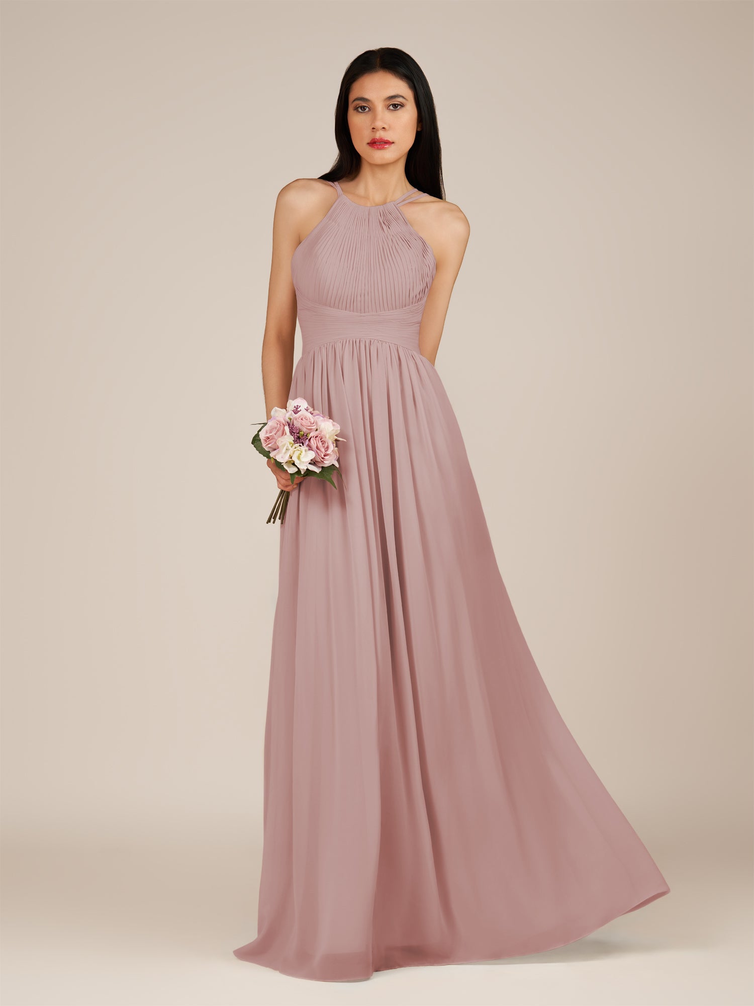 KissDress-Ursa Dusty Rose A Line Chiffon Halter Neck Long Bridesmaid Dress with Pleats