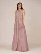 KissDress-Ursa Dusty Rose A Line Chiffon Halter Neck Long Bridesmaid Dress with Pleats