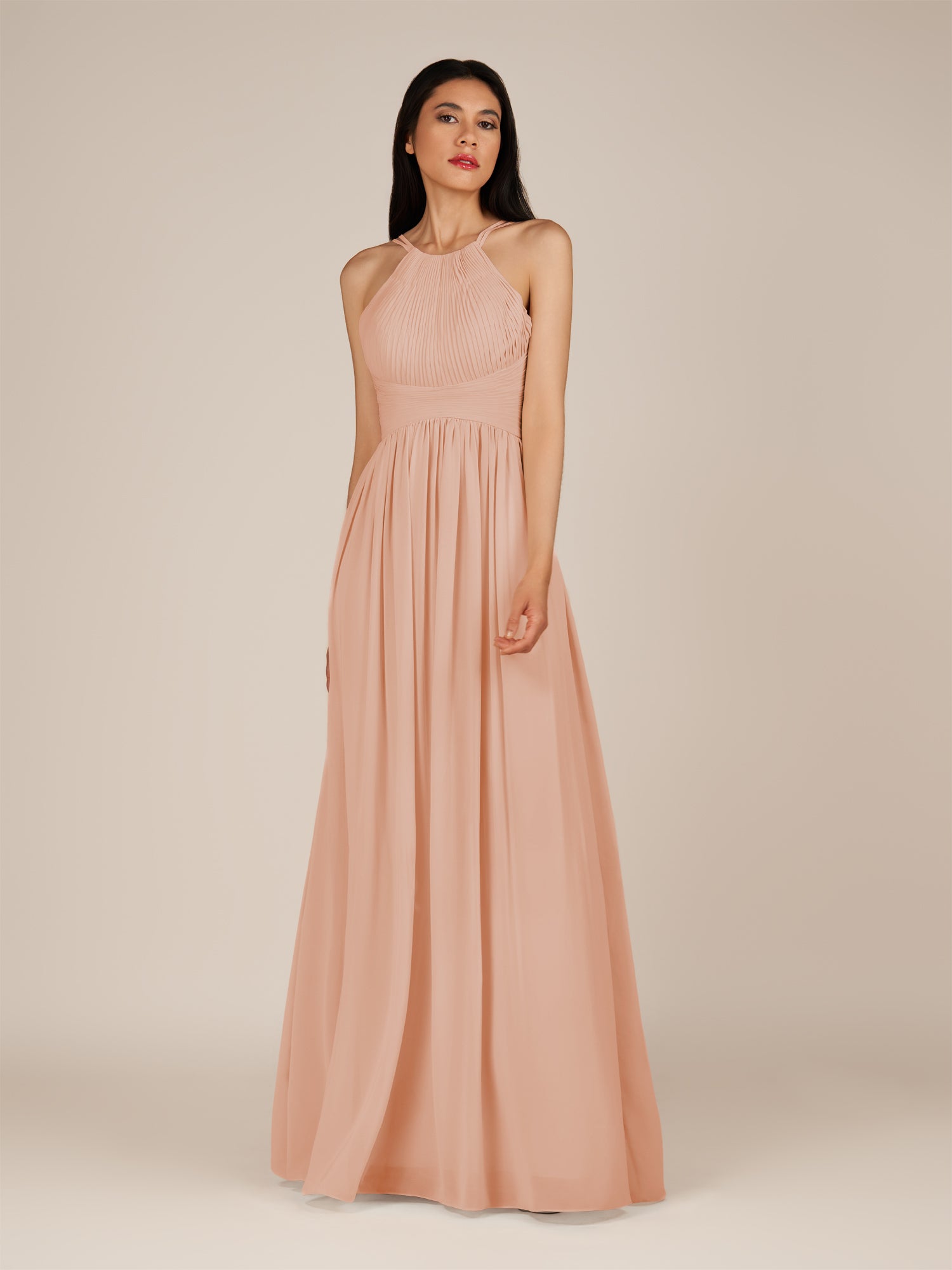 KissDress-Ursa English Rose A Line Chiffon Halter Neck Long Bridesmaid Dress with Pleats