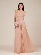KissDress-Ursa English Rose A Line Chiffon Halter Neck Long Bridesmaid Dress with Pleats