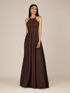 KissDress-Ursa Espresso A Line Chiffon Halter Neck Long Bridesmaid Dress with Pleats