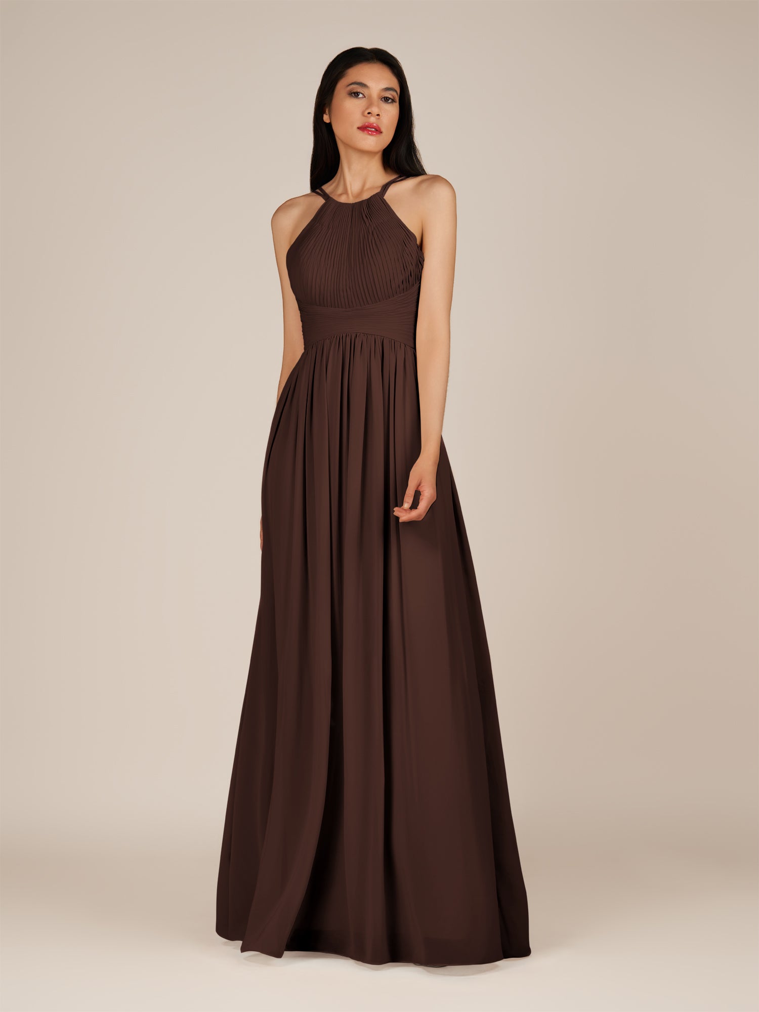 KissDress-Ursa Espresso A Line Chiffon Halter Neck Long Bridesmaid Dress with Pleats